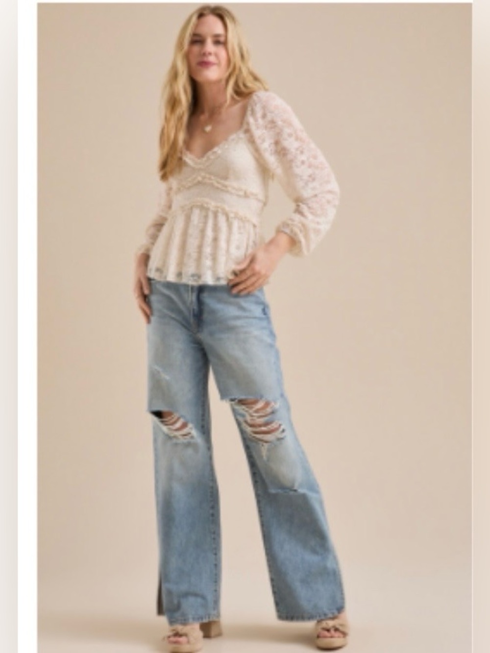 Altar'd State Cream Lace Peplum Top